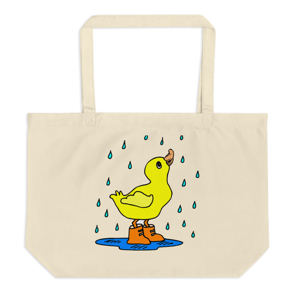 Rainy Day Spring Duck and Chicken Large Organic Tote Bag