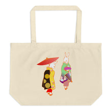 Tuxedo Rabbit Visiting Japanese Geishas For Easter Large Organic Tote Bag