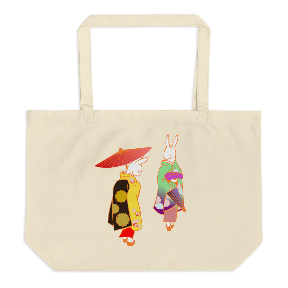 Tuxedo Rabbit Visiting Japanese Geishas For Easter Large Organic Tote Bag